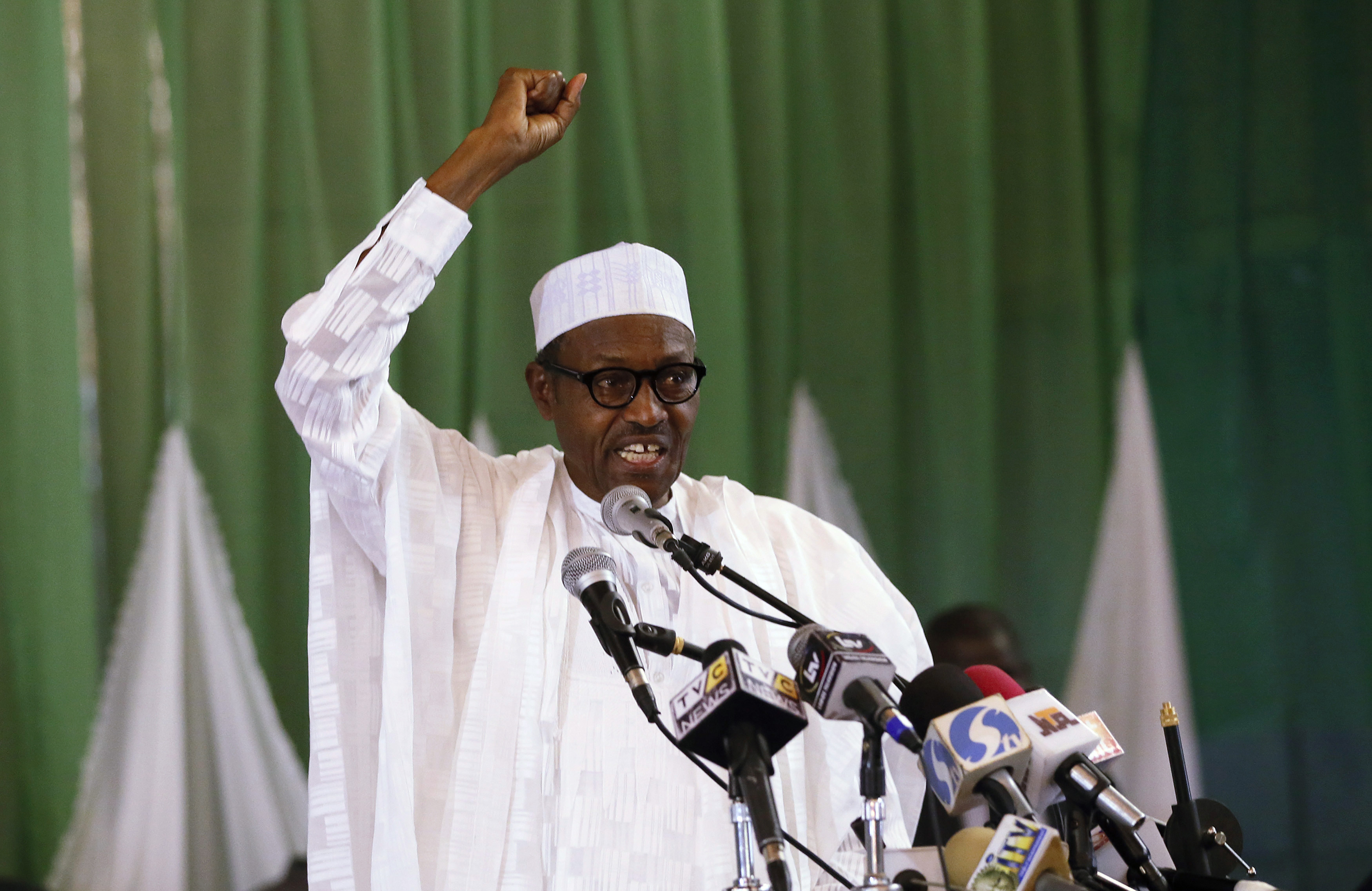 Opposition presidential candidate Muhammadu Buhari, of the All Progressives Congress, speaks during the Nigeria Labour Congress in Abuja